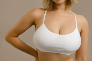 Woman in white top representing natural breast augmentation results with subtle, balanced curves.