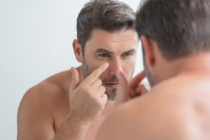 Man checking under-eye area in mirror, representing facial fillers for men and facial volume loss.