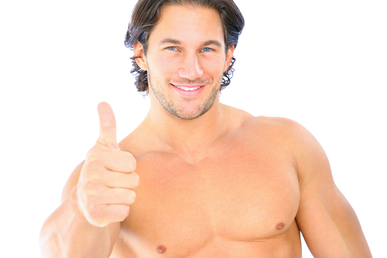 Smiling shirtless man giving a thumbs-up while discussing gynecomastia and man boobs treatment options.