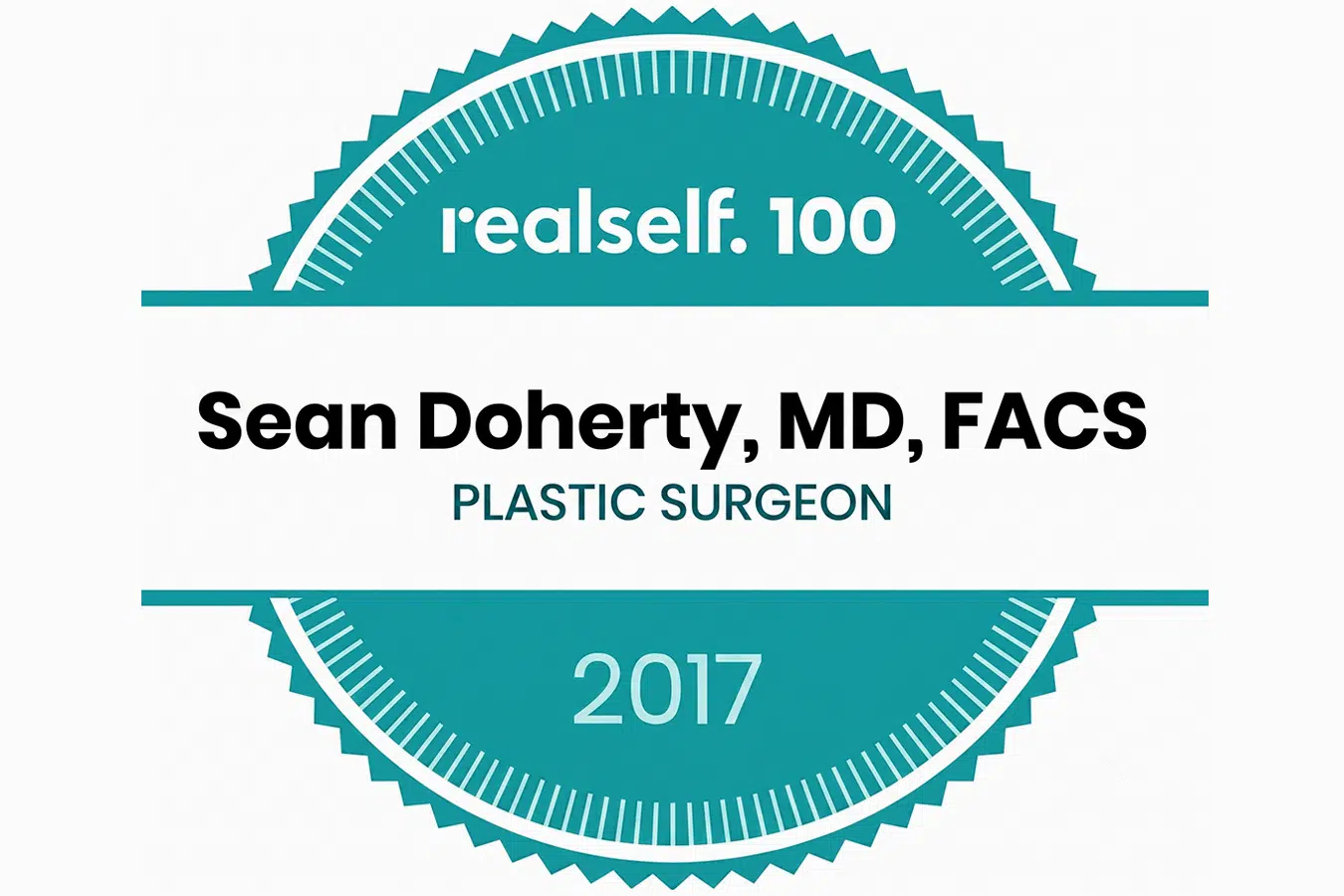 RealSelf 100 badge recognizing Dr. Sean Doherty as a leading plastic surgeon in 2017.